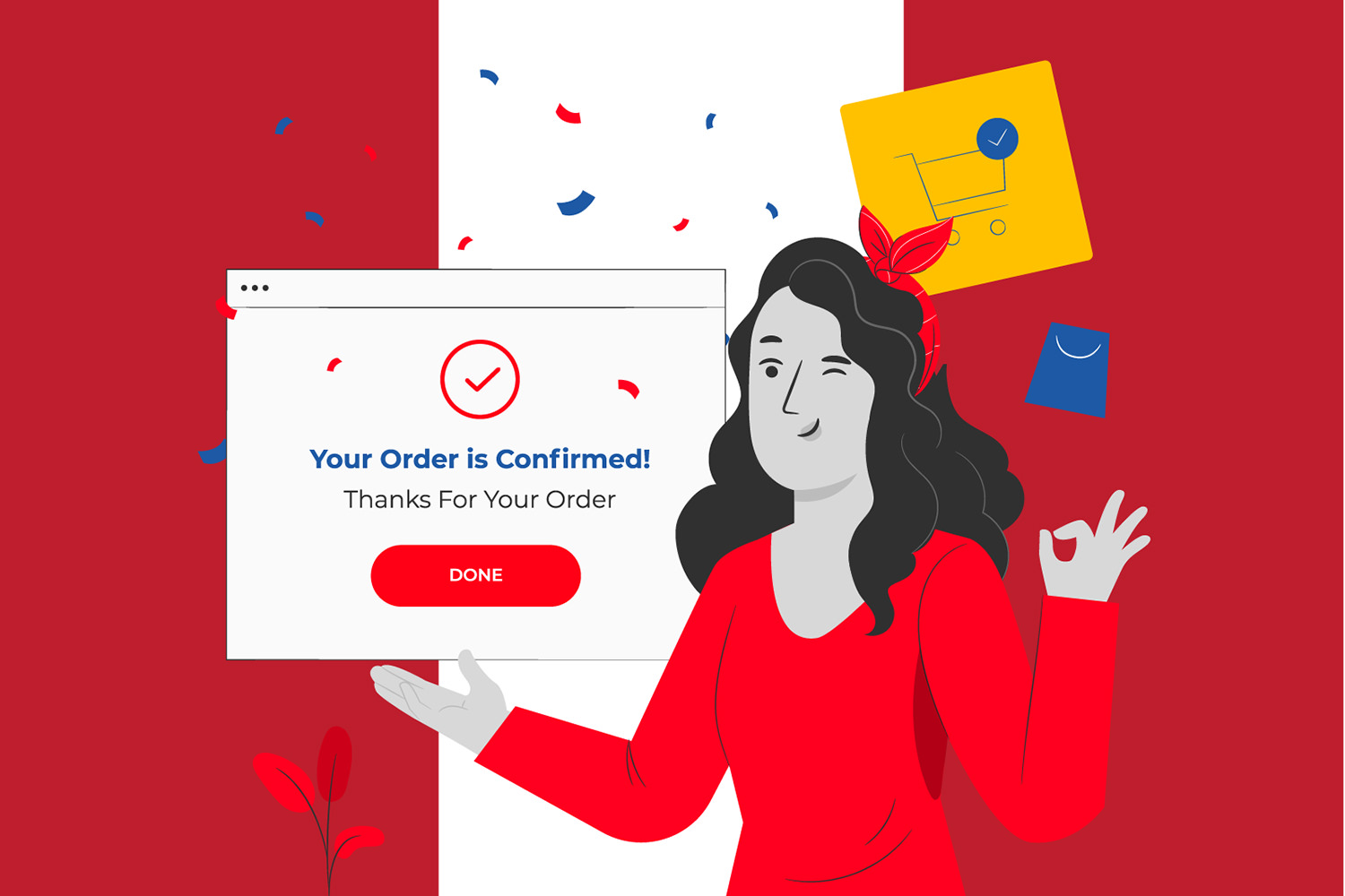 Cartoon woman in red winking | JONDO